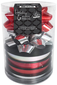 Assorted Gift Bows and Ribbon - Red, White & Silver - 6 ct