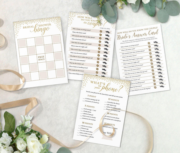 Gold Confetti Themed 3 Bridal Shower Games for 24 players