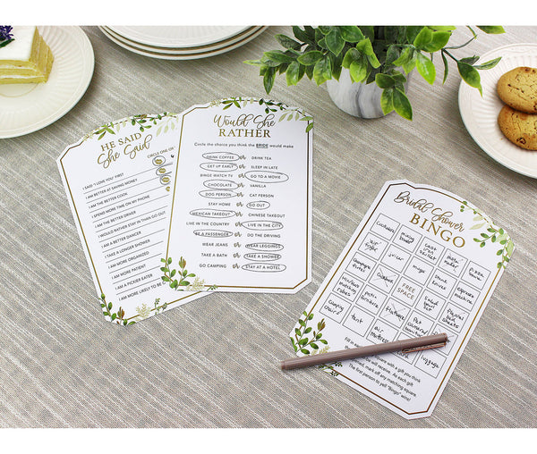 Set of 3 Botanical Greenery Bridal Shower Game Cards