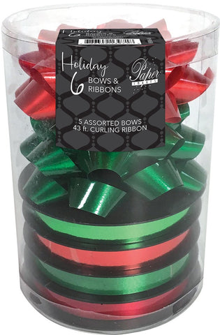 Assorted Gift Bows and Ribbon - Traditional Green & Red - 6 ct