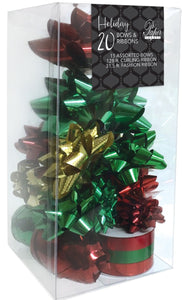 Assorted Gift Bows and Ribbon - Traditional Green, Red, Silver, Gold - 20 ct