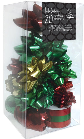 Assorted Gift Bows and Ribbon - Traditional Green, Red, Silver, Gold - 20 ct