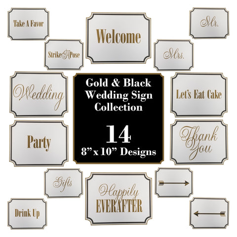 14 Piece Gold & Black Wedding Sign Set