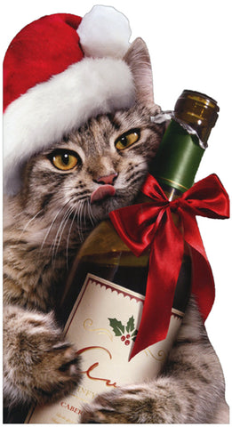 Christmas Greeting Card - Festive Cat with Wine Bottle