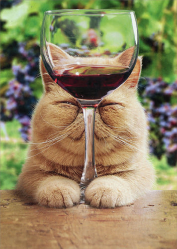 Birthday Greeting Card - Cat with Glass of Red Wine
