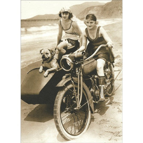 Birthday Greeting Card - Flappers on Motorcycle