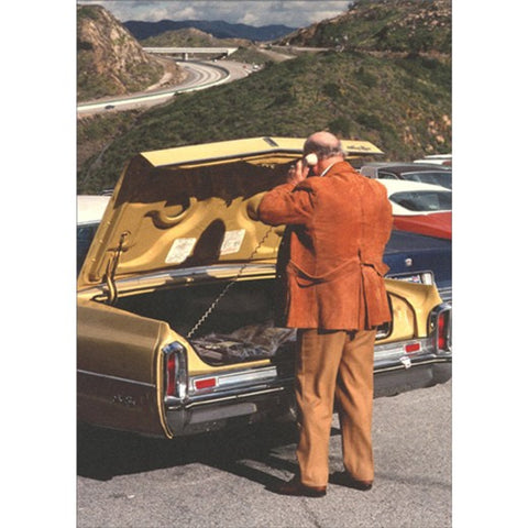 Belated Birthday Greeting Card - Man on Phone in Trunk of Car