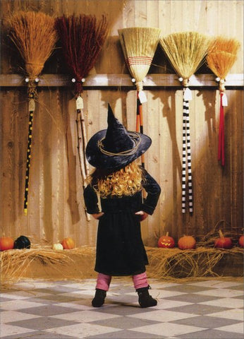 Halloween Greeting Card - Little Witch Choosing a Broom