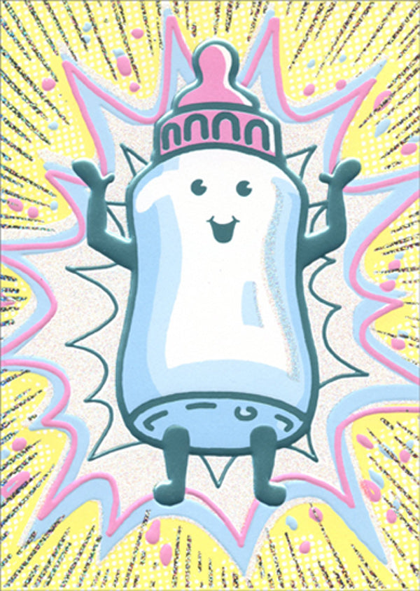 New Baby Greeting Card - Baby Bottle Super Hero