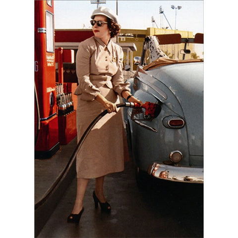Birthday Greeting Card - Woman Pumping Gas