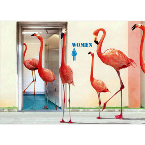 Birthday -Fold Out Greeting Card  - Flamingo Bathroom Break