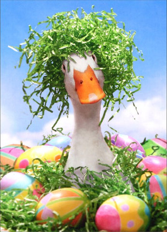 Easter Greeting Card - Duck with Easter Grass Wig