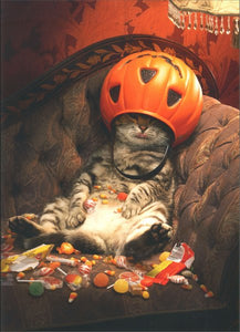 Halloween Greeting Card - Cat Under Candy Bucket