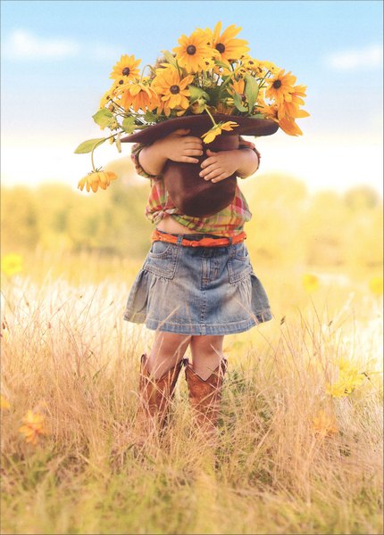 Thank You Greeting Card - Girl Holding Hat of Flowers