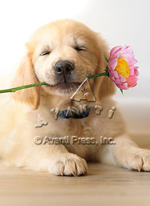 Mother's Day Greeting Card - Golden Puppy with Flower
