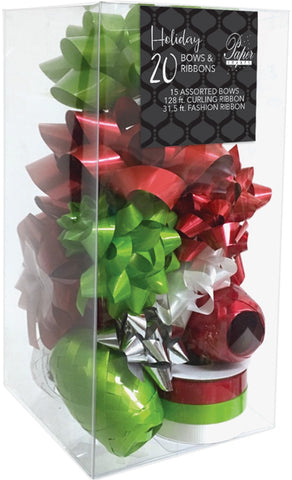 Assorted Gift Bows and Ribbon - Bright - Lime, Red & Silver - 20 ct